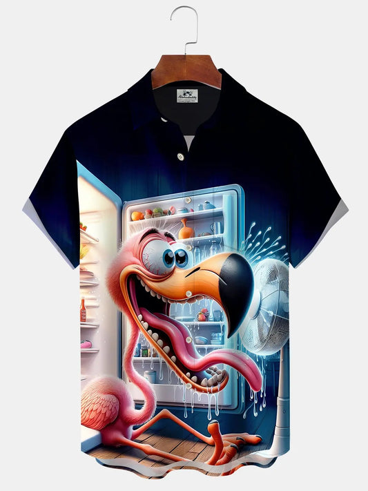 Hawaiian Shirt / Adults / S Hawaii Resort Style Hot Flamingo Refrigerator Print Art Button Stretch Large Size Men's Hawaiian Shirt