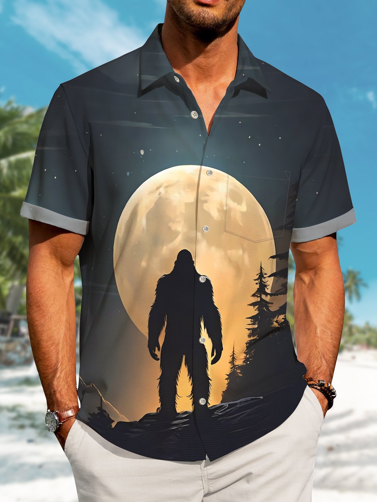 Hawaii Vintage Bigfoot Sunset Silhouette Print Art Buttons Stretch Large Size Men's Hawaiian Shirt