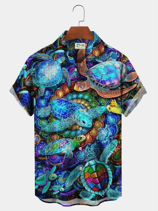 Hawaiian Shirt / Adults / S Hawaiian Marine Life Turtle Print Chest Bag Hawaiian Shirt Plus Hawaiian Holiday Hawaiian Shirt