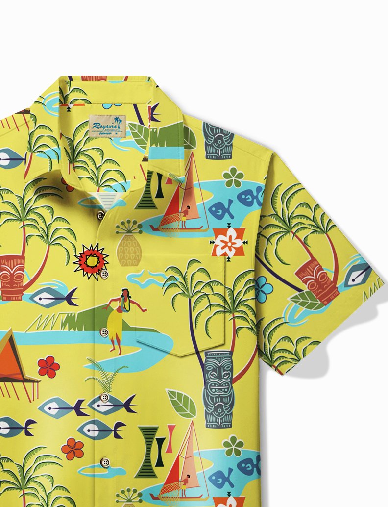 Hawaiian Shirt Coconut Tree Geometric Tiki &amp; Tops
