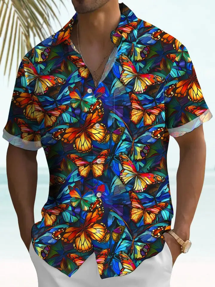 Hawaiian Vacation Floral 3D Gradient Butterfly Hawaiian Shirt