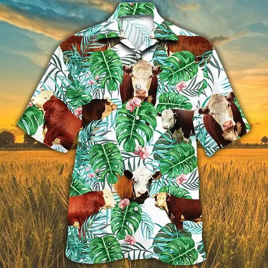 Hawaiian Shirt / Adults / S Hereford Cattle Lovers Tropical Plant Hawaiian Shirt Cow Hawaiian Shirt Hawaiian Shirts For Men Women