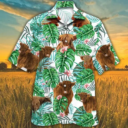 Hawaiian Shirt / Adults / S Highland Cattle Lovers Tropical Plant Trendy Hawaiian Shirt Cow Trendy Hawaiian Shirt Trendy Hawaiian Shirts For Men Women