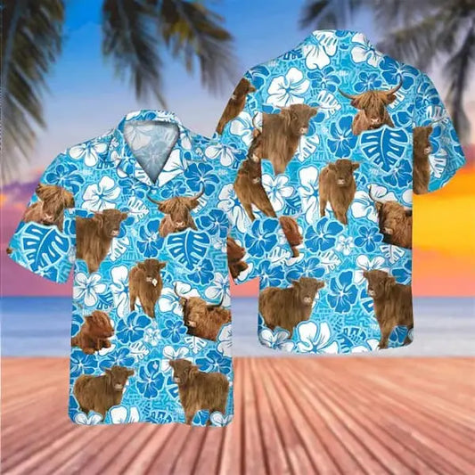 Hawaiian Shirt / Adults / S Highland Cow Blue Floral Trendy Hawaiian Shirt Cow Hawaii Shirt Cow Lovers Shirt For Men