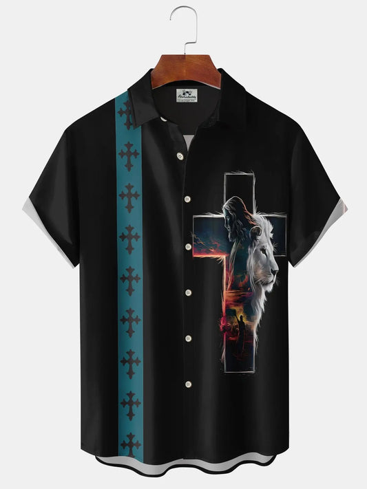 Hawaiian Shirt / Adults / S Holiday Collection Easter Cross Lion Jesus Button Cardigan Stretch Large Size Polyester Hawaiian Shirt