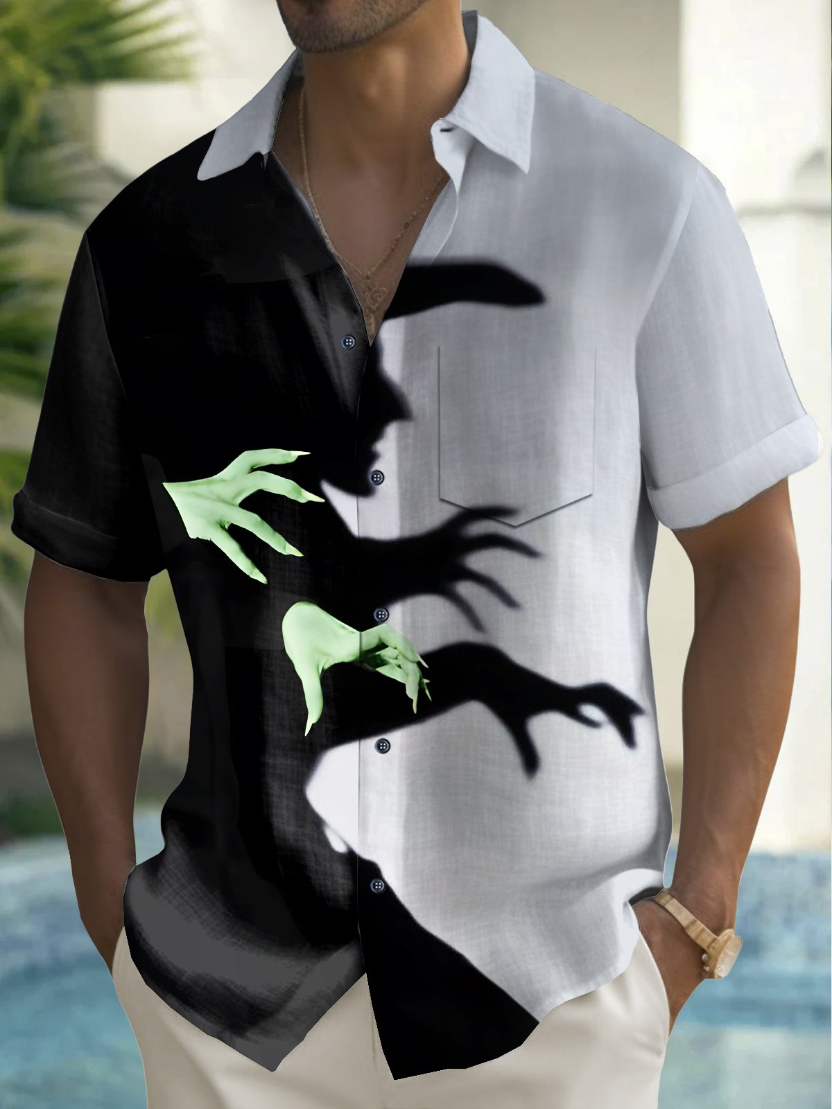 Holiday Men's Halloween Witch Print Casual Breathable Hawaiian Shirt Big Tall