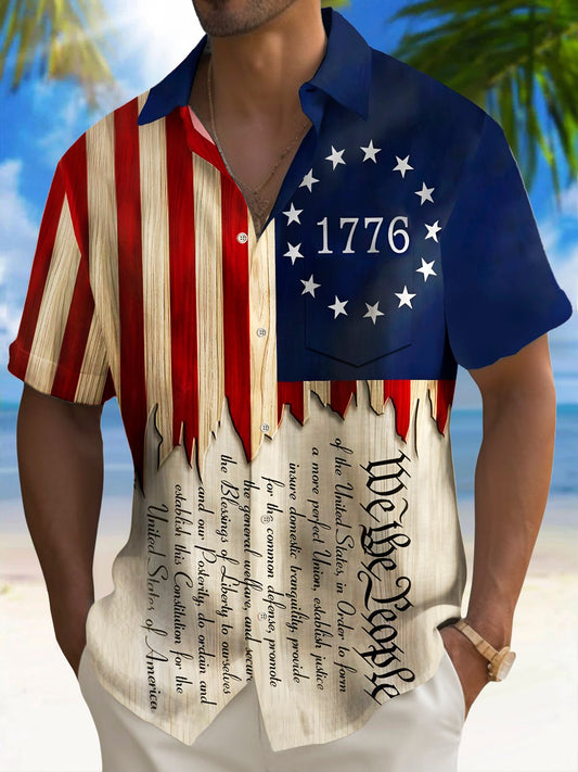 Hawaiian Shirt / Adults / S Holiday Men's Independence Day Flag 1776 Printed Casual Breathable Patriotic Hawaiian Shirt