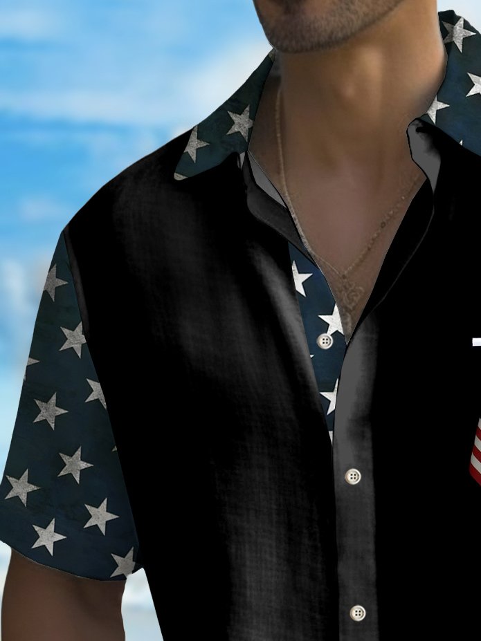 Holiday Men's Independence Day Flag Cross Print Casual Breathable Hawaiian Shirt Big Tall