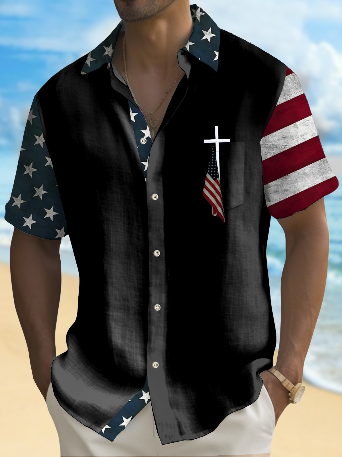 Hawaiian Shirt / Adults / S Holiday Men's Independence Day Flag Cross Print Casual Breathable Hawaiian Shirt Big Tall