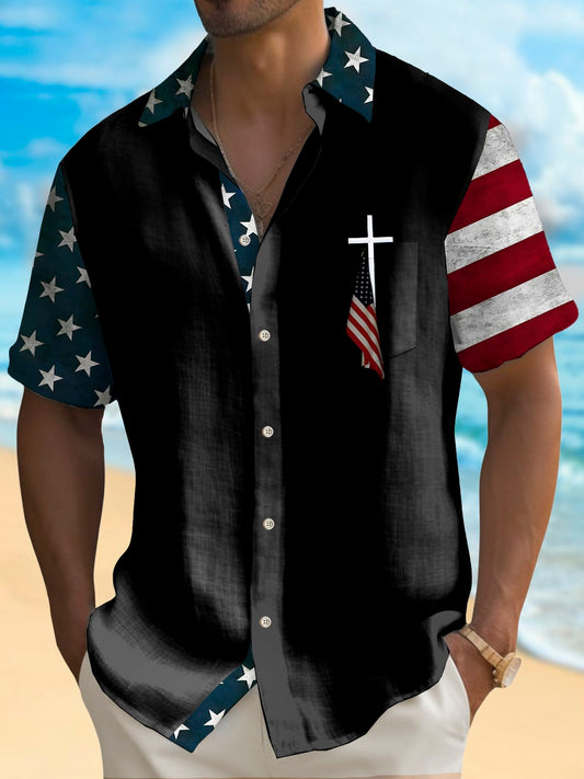 Hawaiian Shirt / Adults / S Holiday Men's Independence Day Flag Cross Print Casual Breathable Hawaiian Shirt Big Tall