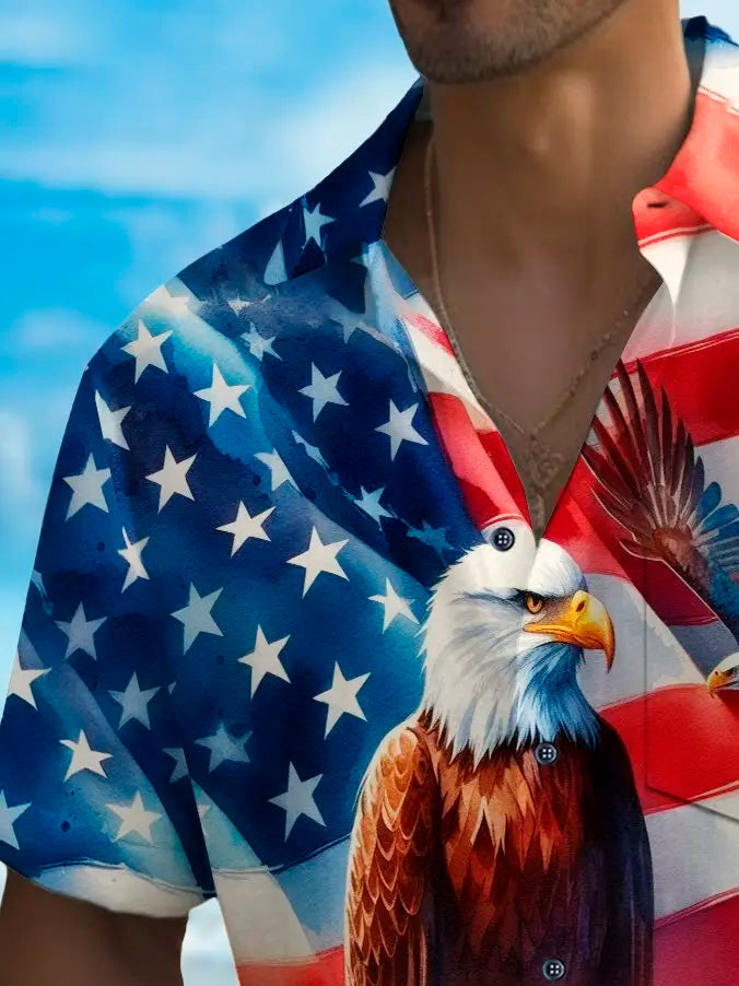 Holiday Men's Independence Day Flag Eagle Print Casual Breathable Hawaiian Shirt Big Tall