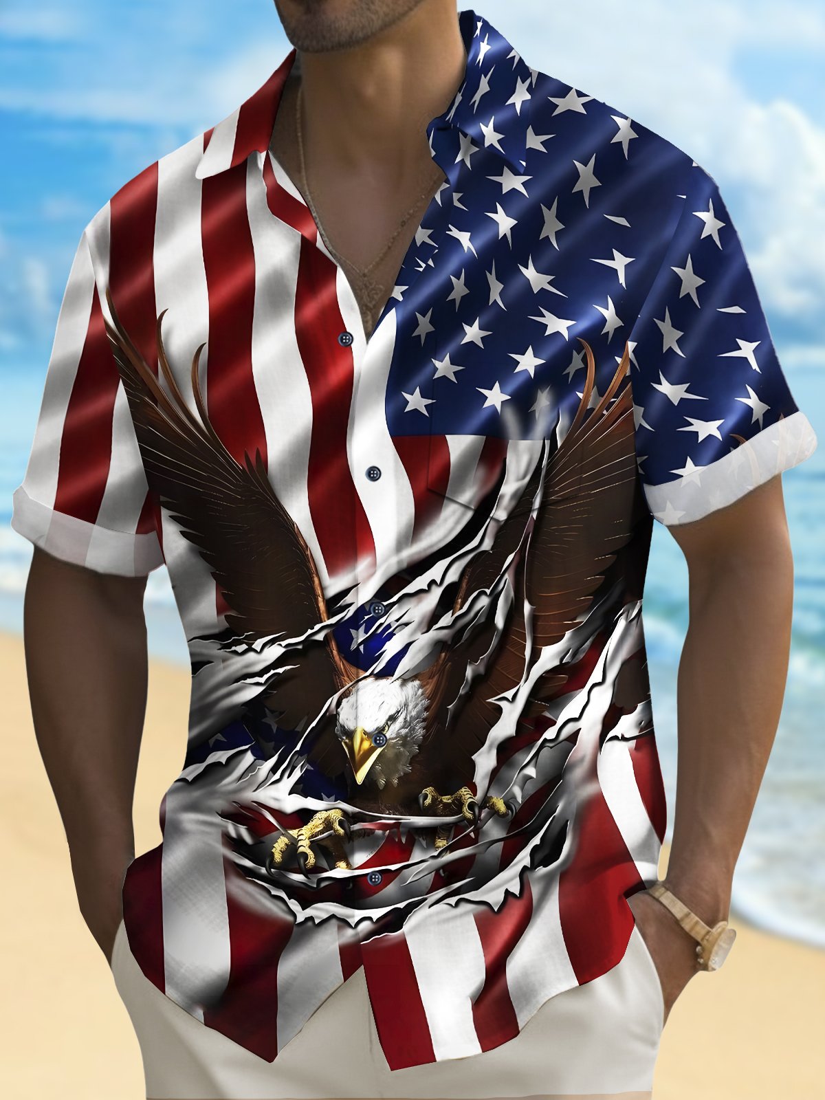 Hawaiian Shirt / Adults / S Holiday Men's Independence Day Flag Eagle Print Casual Breathable Hawaiian Shirt Big Tall
