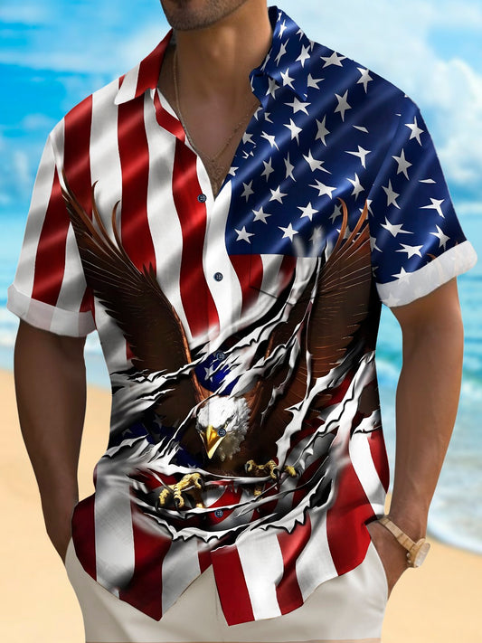 Hawaiian Shirt / Adults / S Holiday Men's Independence Day Flag Eagle Print Casual Breathable Hawaiian Shirt Big Tall