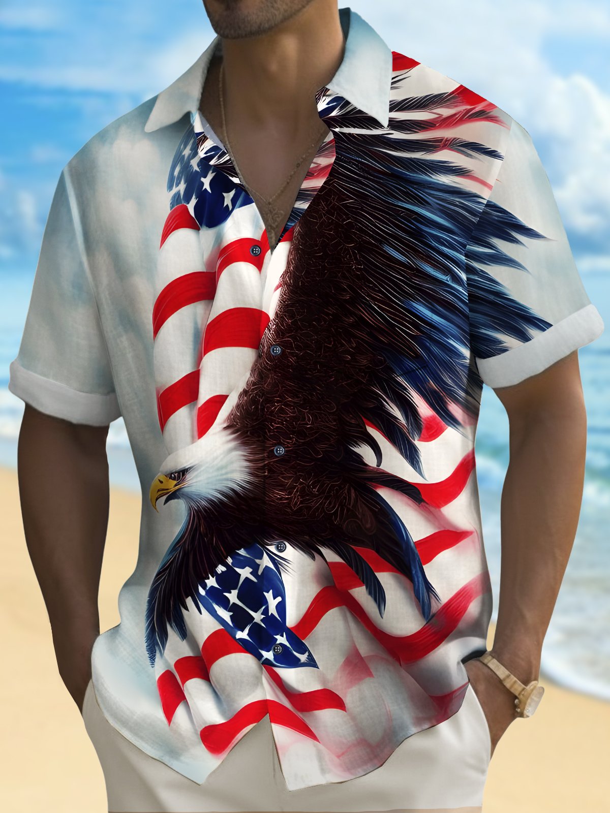 Hawaiian Shirt / Adults / S Holiday Men's Independence Day Flag Eagle Print Casual Breathable Hawaiian Shirt Big Tall