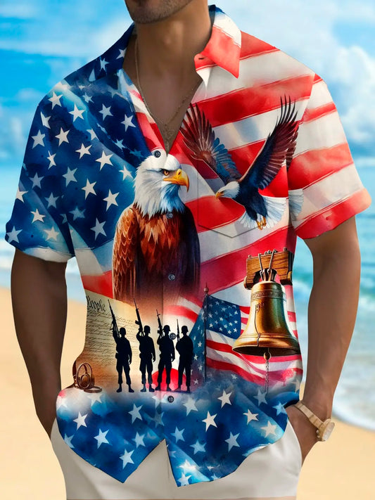 Hawaiian Shirt / Adults / S Holiday Men's Independence Day Flag Eagle Print Casual Breathable Hawaiian Shirt Big Tall
