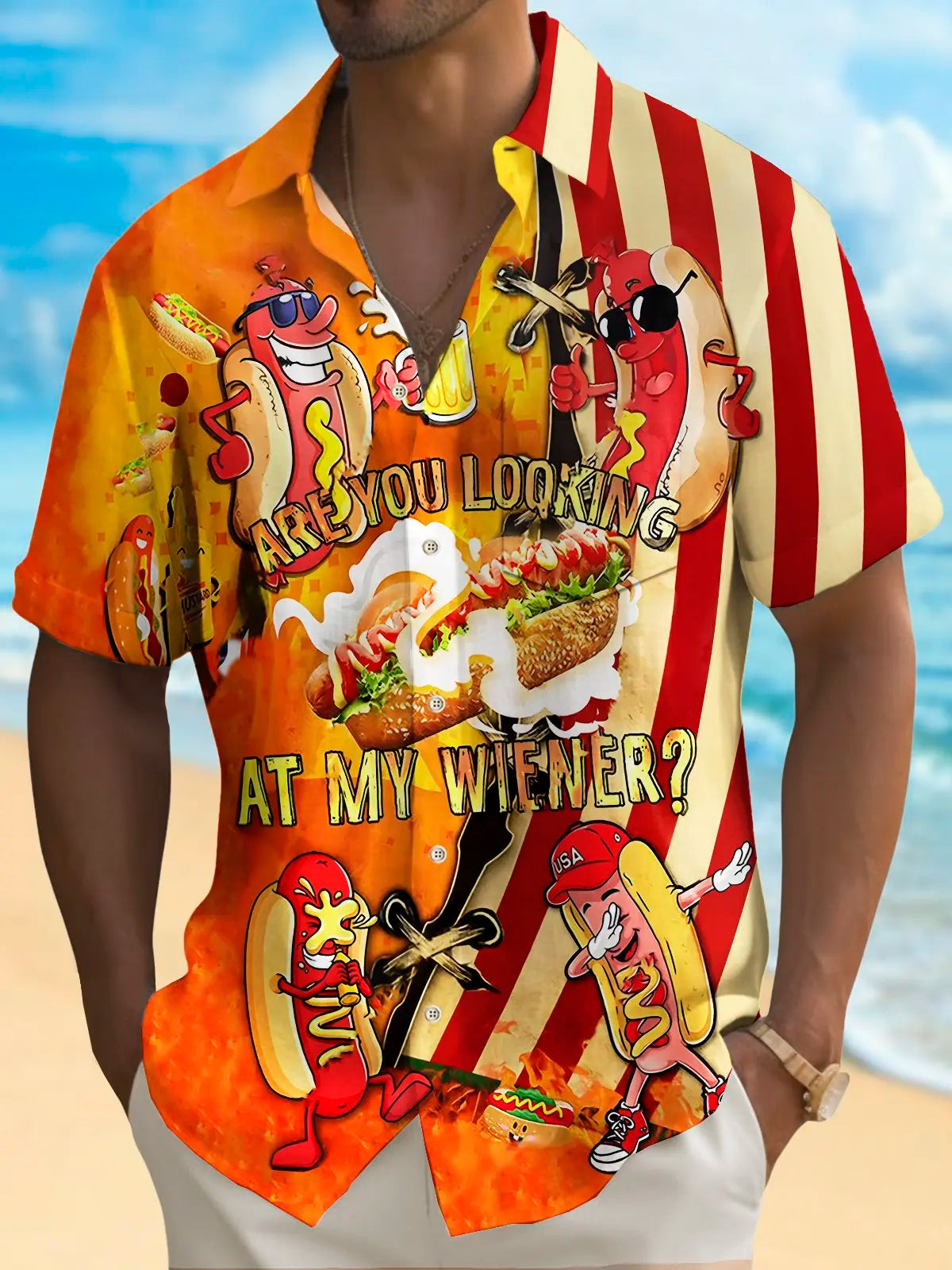 Hawaiian Shirt / Adults / S Holiday Men's Independence Day Flag Hot Dog Print Casual Breathable Hawaiian Shirt Big Tall