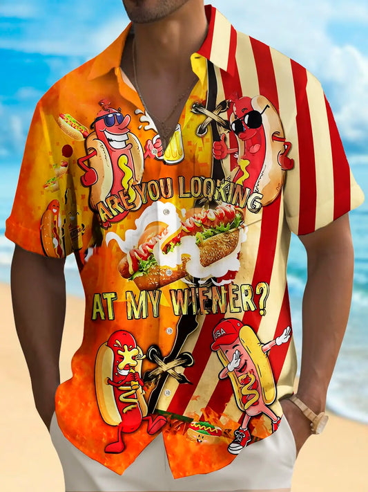 Hawaiian Shirt / Adults / S Holiday Men's Independence Day Flag Hot Dog Print Casual Breathable Hawaiian Shirt Big Tall