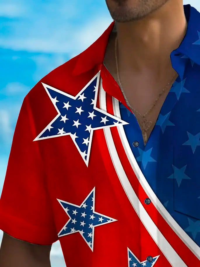 Holiday Men's Independence Day Flag Printed Casual Breathable Hawaiian Shirt Big Tall