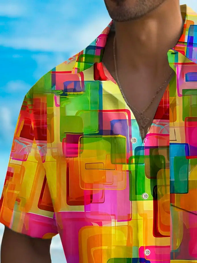 Holiday Men's Pride Month Rainbow Color Geometric Print Casual Breathable Hawaiian Shirt Big Tall