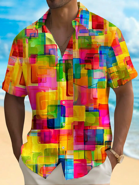 Hawaiian Shirt / Adults / S Holiday Men's Pride Month Rainbow Color Geometric Print Casual Breathable Hawaiian Shirt Big Tall