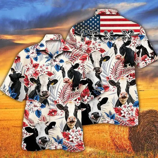 Hawaiian Shirt / Adults / S Holstein Friesian Cattle Lovers American Flag Hawaiian Shirt Cow Hawaiian Shirt Vintage Hawaiian Shirt For Men And Women