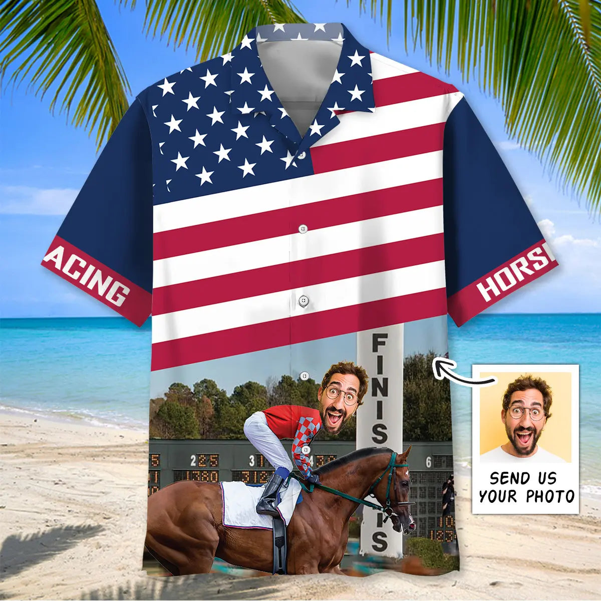 Hawaiian Shirt / Adults / S Horse Racing Alone At The Finish Custom Photo Face Hawaiian Shirt