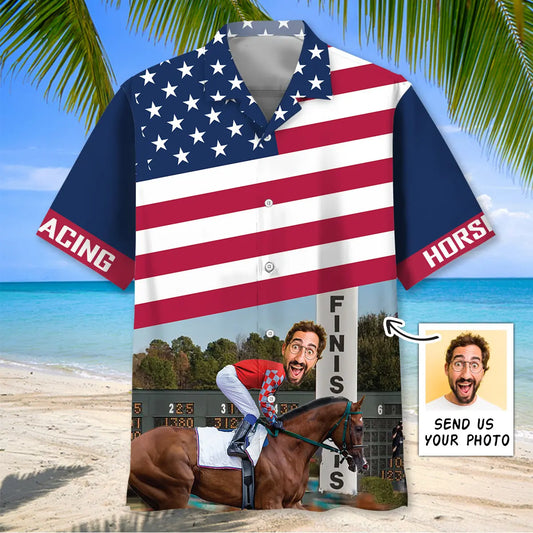Hawaiian Shirt / Adults / S Horse Racing Alone At The Finish Custom Photo Face Hawaiian Shirt