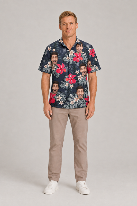 Custom Face Funny Photo for Men Husband Red Hibiscus - Personalized Hawaiian Shirt