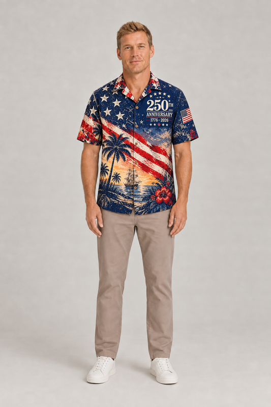 America 250th Anniversary Hawaiian Shirt, 1776-2026 Patriotic Summer Beach Aloha Top