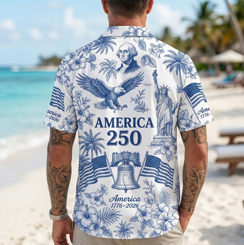 America 250th Anniversary Aloha Shirt, 1776-2026 USA Tropical Vacation Button-Up Tee