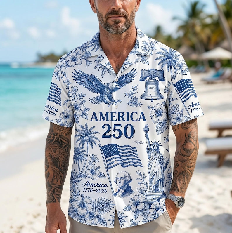 Hawaiian Shirt / Adults / S America 250th Anniversary Aloha Shirt, 1776-2026 USA Tropical Vacation Button-Up Tee