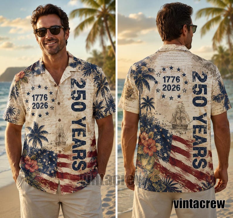 America 250th Anniversary Tropical Hawaiian Shirt, 1776-2026 Summer Aloha Button-Up