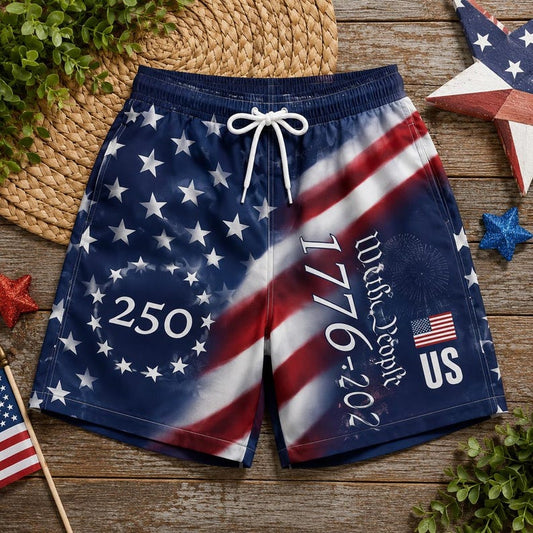 Beach Short / Adults / S America 250th We The People Beach Shorts, 1776-2026 USA Flag Patriotic Swim Trunks