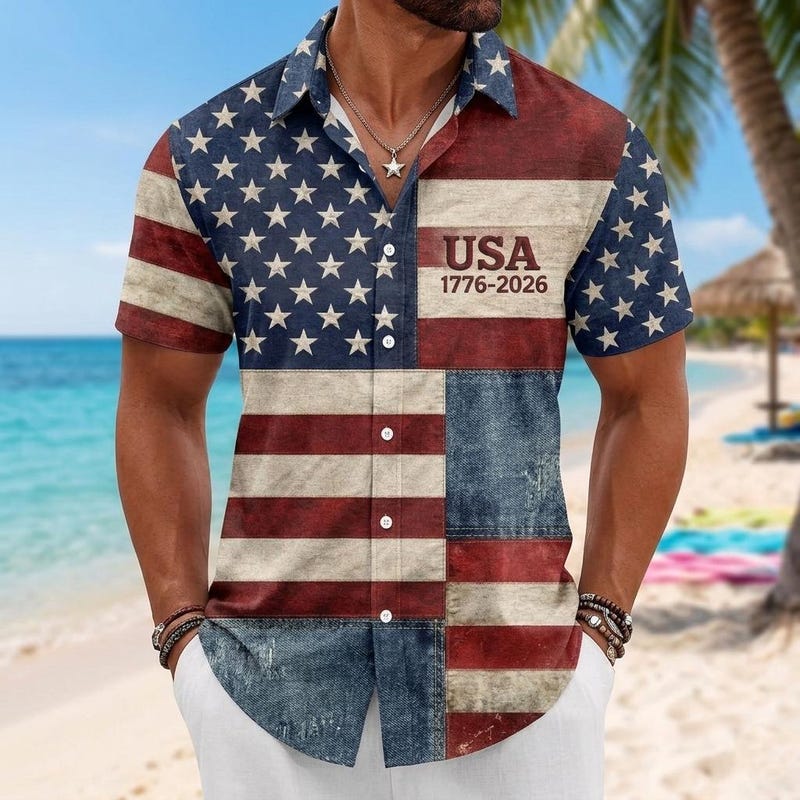 America 250th Anniversary American Flag Vacation Hawaiian Shirt