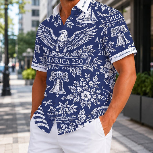 America 250th Anniversary Navy Eagle Liberty Bell Hawaiian Shirt