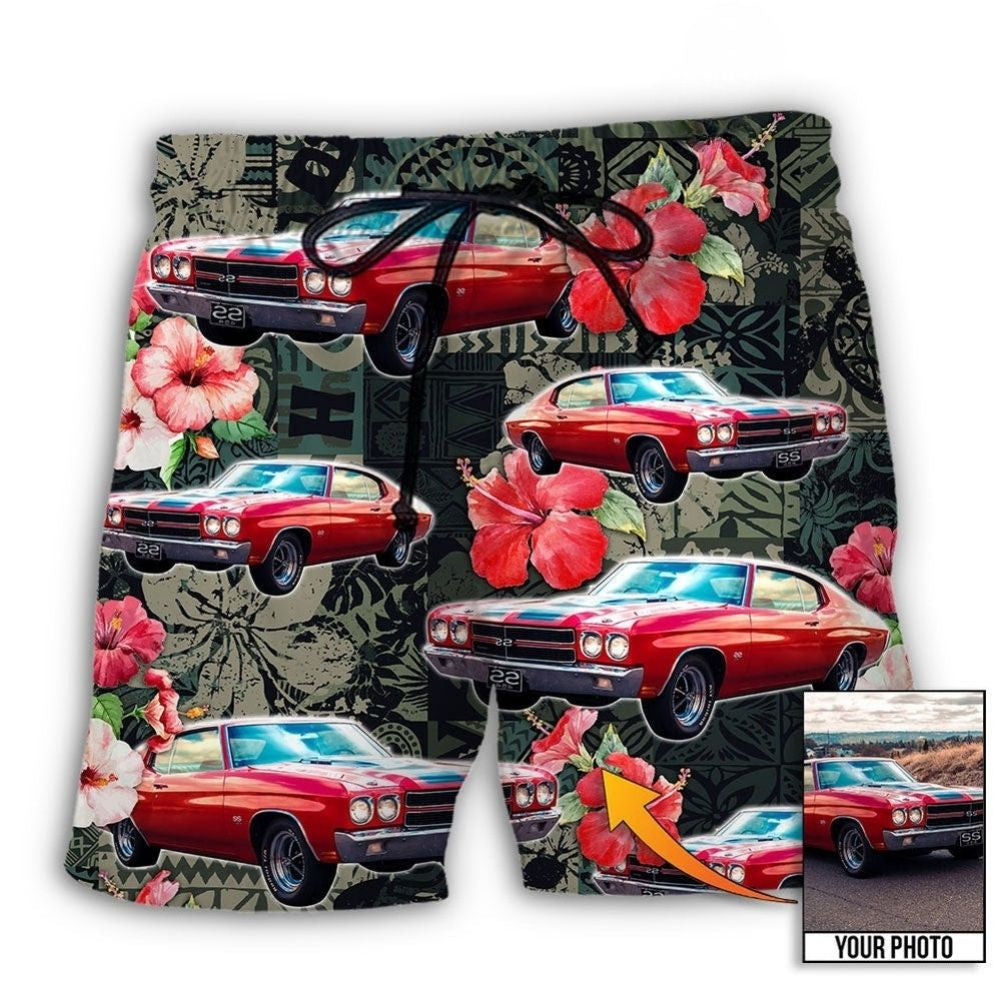 Muscle Car Tropical Leaf Floral Custom Photo – Beach Short