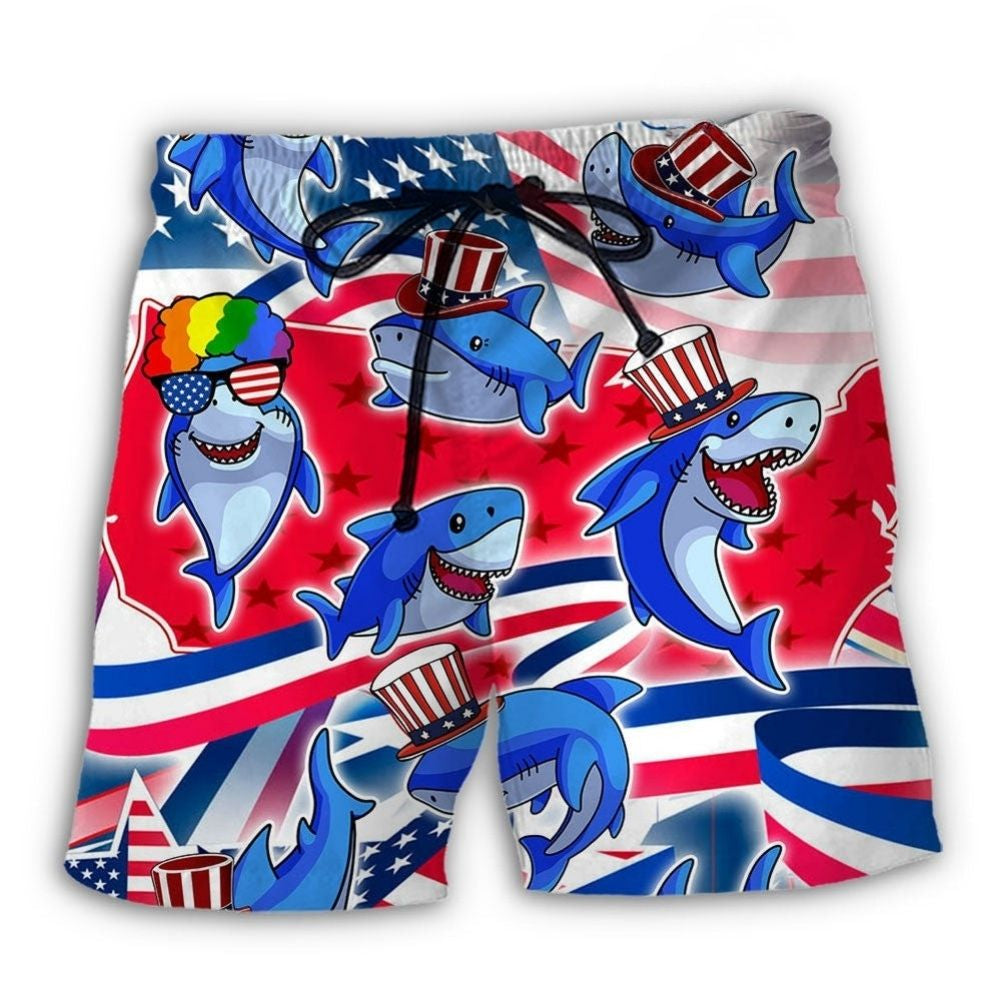 Shark Funny US Flag Independence Day - Beach Short