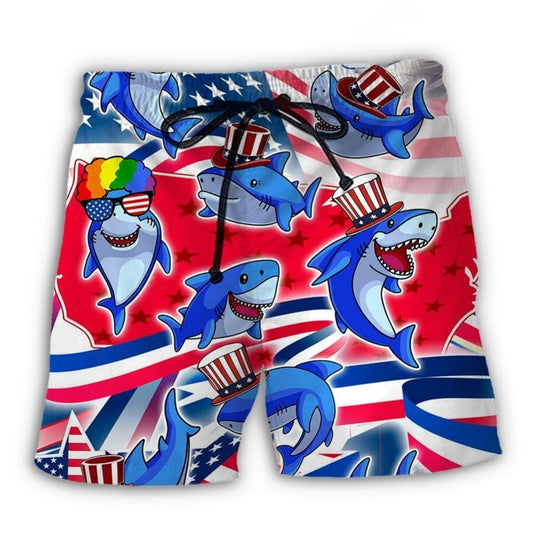 Shark Funny US Flag Independence Day - Beach Short