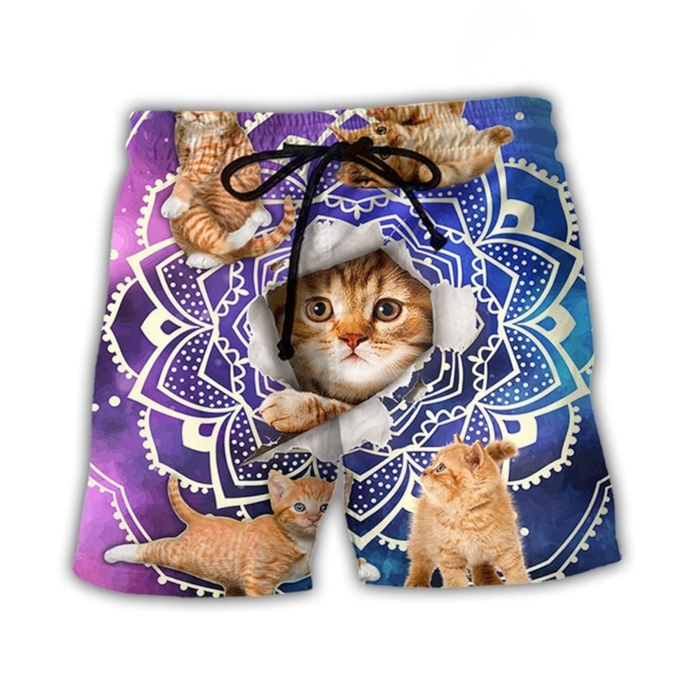 Tabby Cat Galaxy Yoga Pose - Beach Short