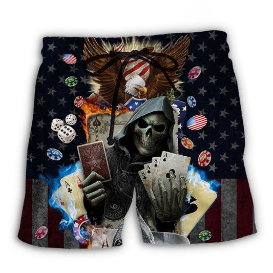 Poker Skull Flame USA Flag Design – Beach Short
