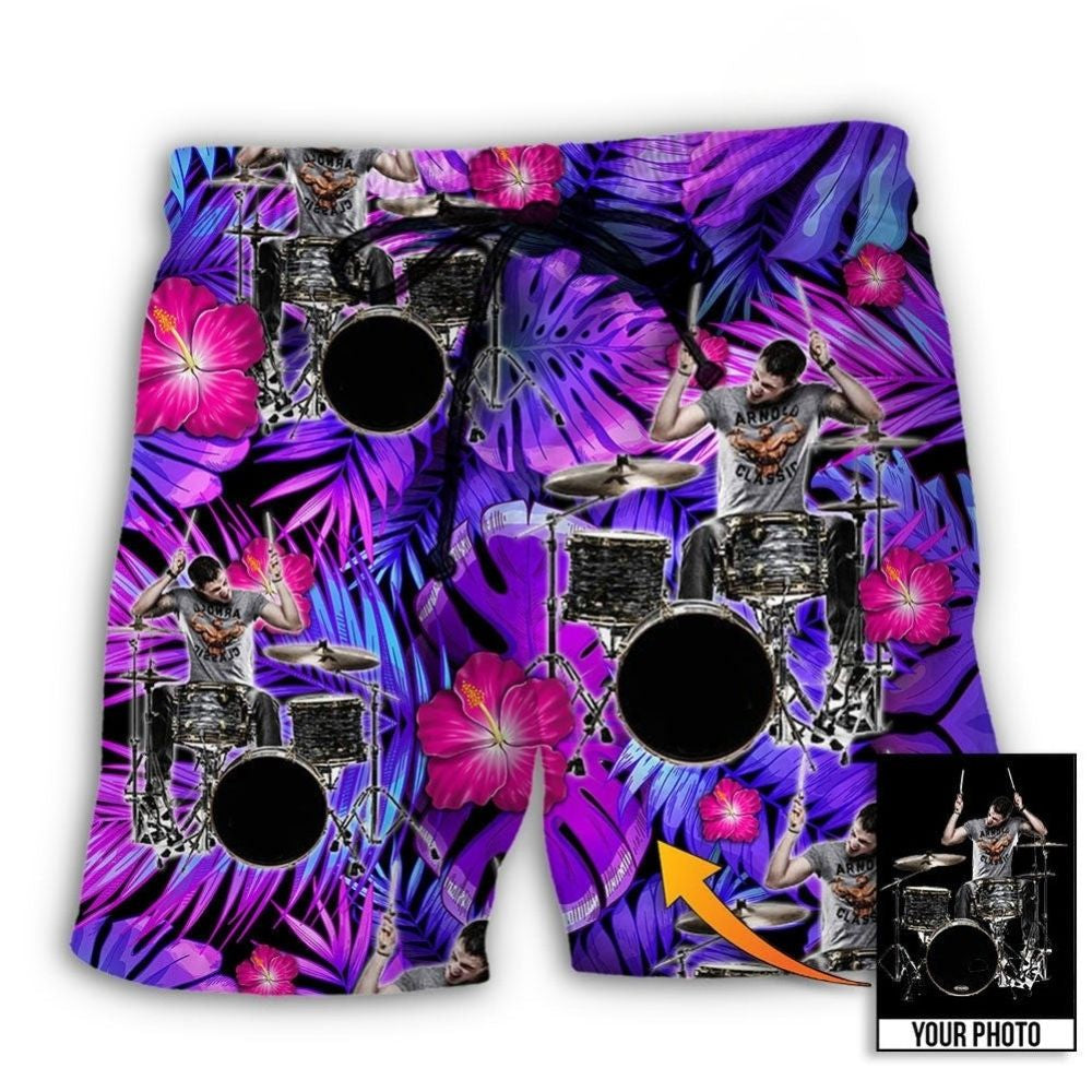 Drum Purple Tropical Leaf Custom Photo – Beach Short