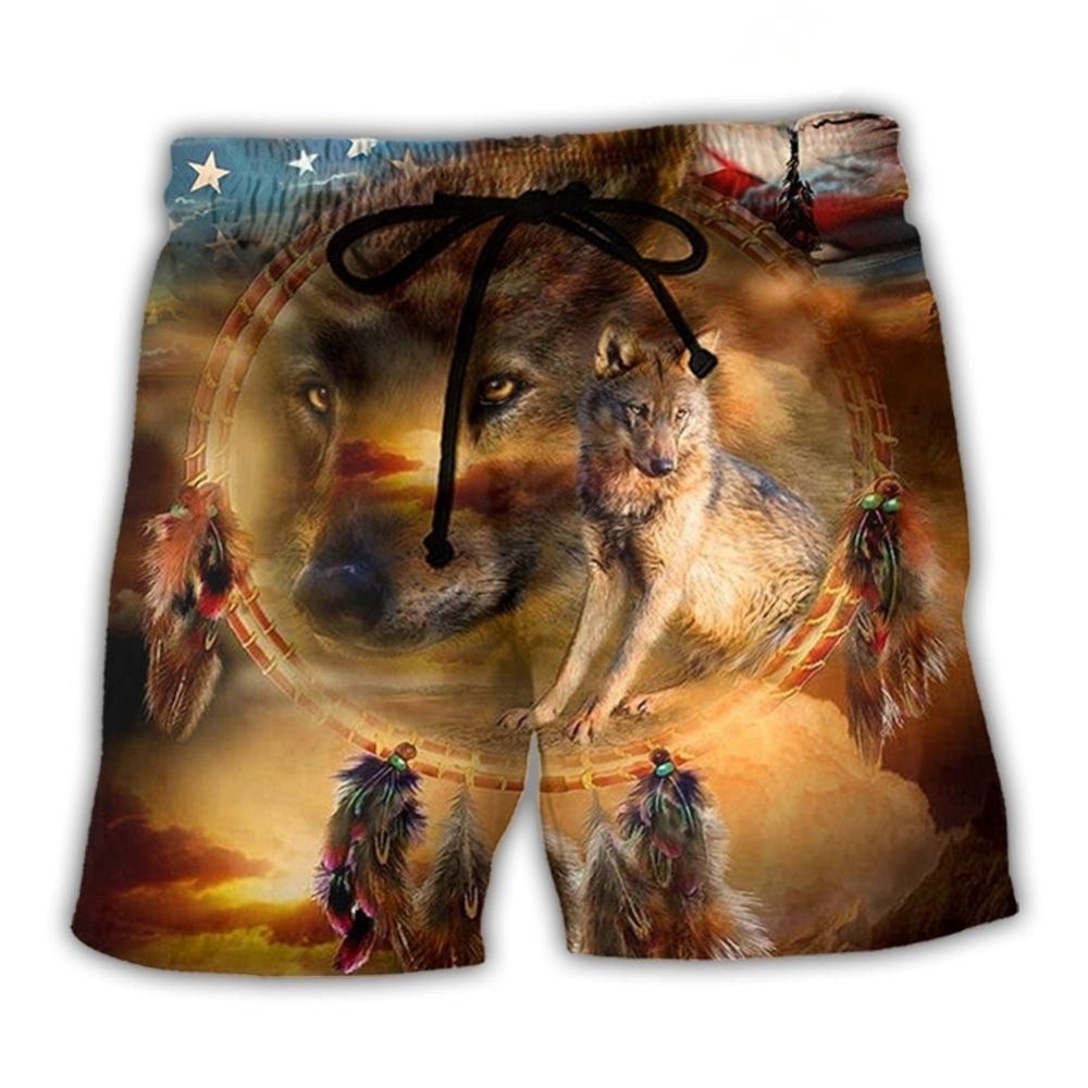 Wolf Dreamcatcher USA Flag Independence Day - Beach Short