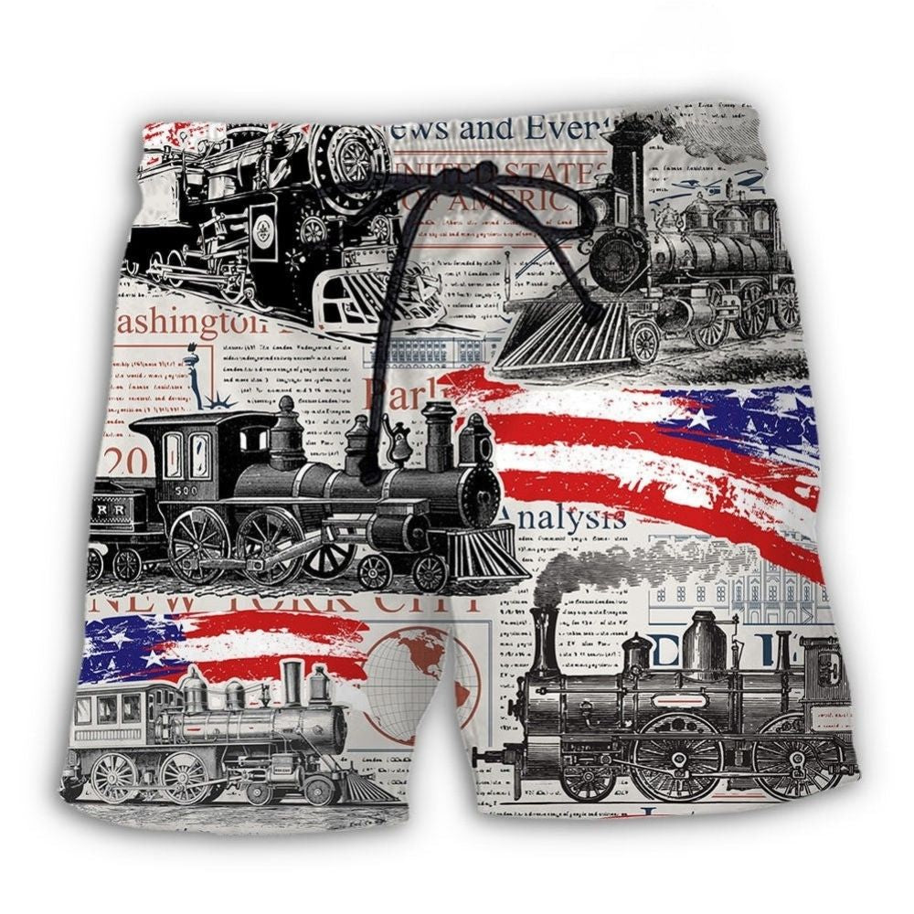 Retro Train USA Flag Independence Day - Beach Short