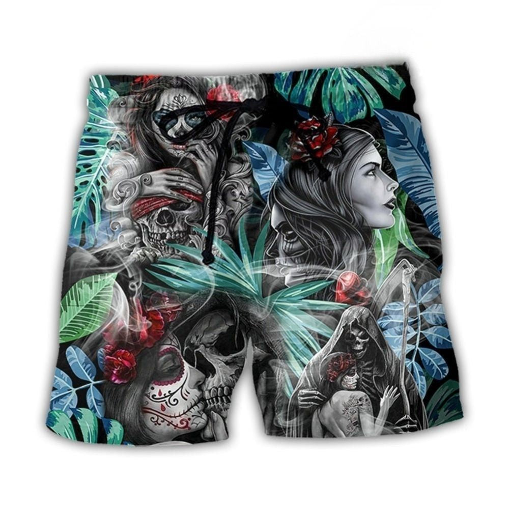 Skull Tropical White Smoke Red Flower – Beach Short
