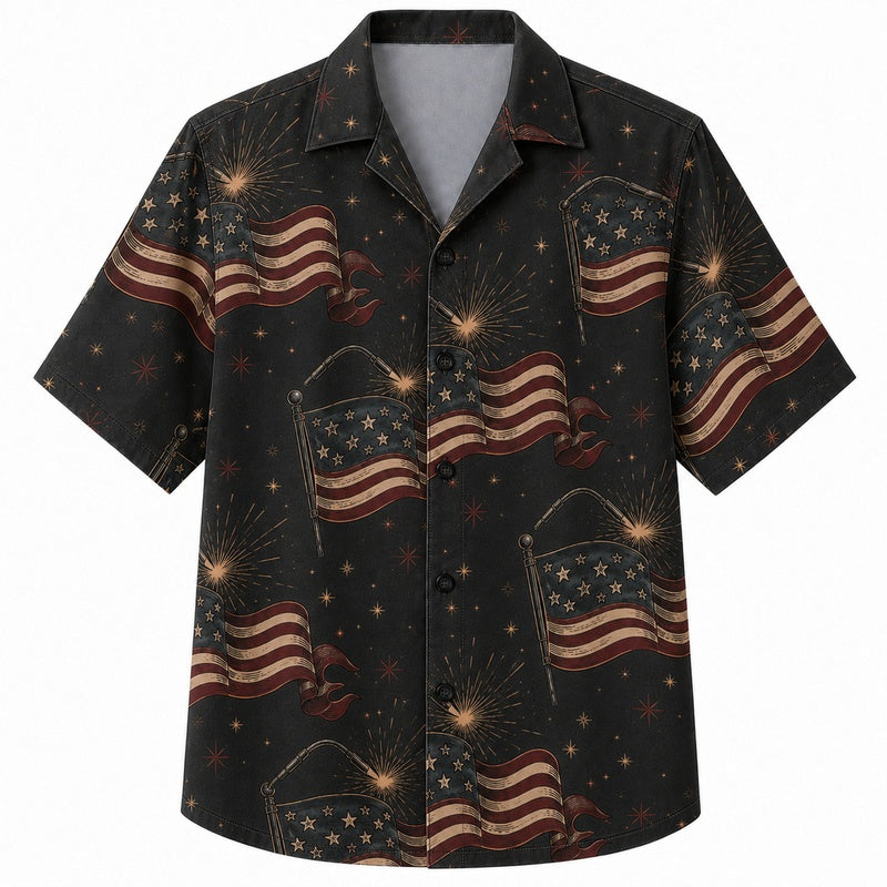 Labor Day Hawaiian Shirt- American Flag and Fireworks Print for Summer