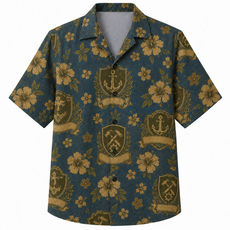 Labor Day Hawaiian Shirt- Anchor Shield Crest Print for the Cookout