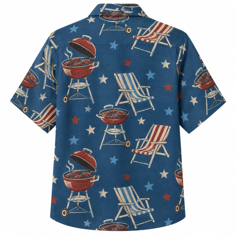 Labor Day Hawaiian Shirt- Backyard Grill and Deck Chair Print for Summer