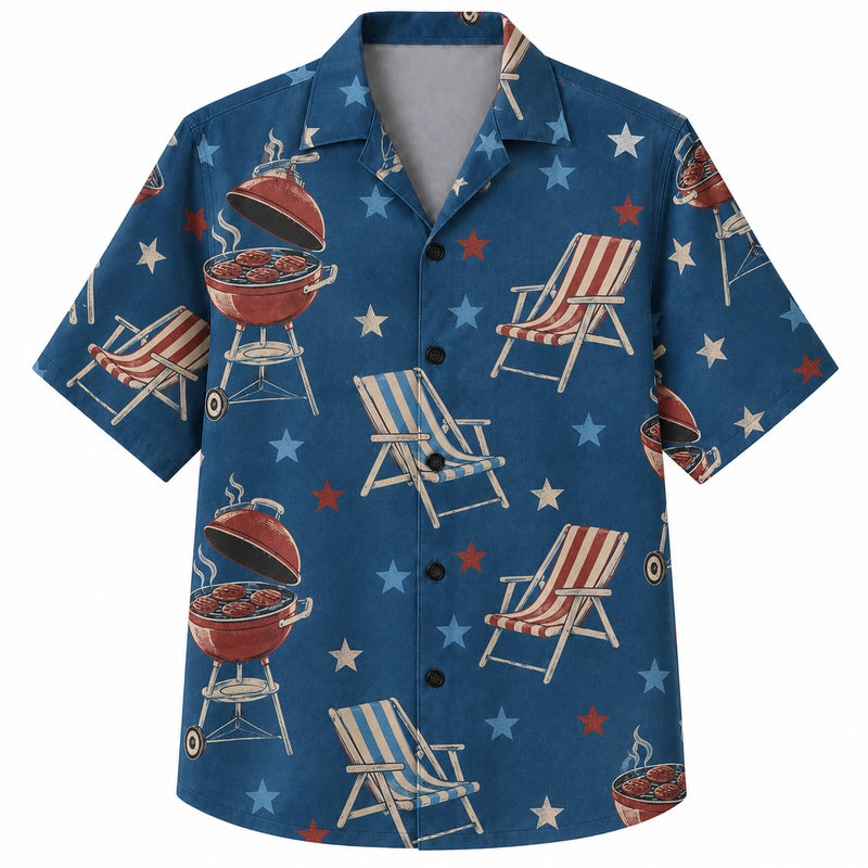 Labor Day Hawaiian Shirt- Backyard Grill and Deck Chair Print for Summer