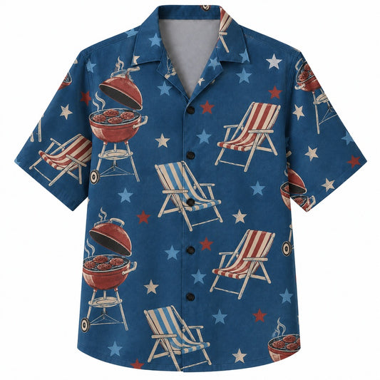 Labor Day Hawaiian Shirt- Backyard Grill and Deck Chair Print for Summer