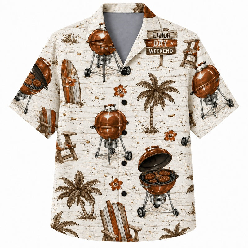 Labor Day Hawaiian Shirt - Backyard Grill & Palm Cookout Print for Men